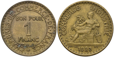 Франция 1 франк 1923 KM 876, Le Franc 218.5 алюминиевая бронза 4142-725