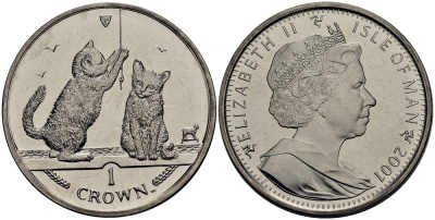 Остров Мэн 1 крона 2001 котята с веревкой КМ 1072 медно-никель UNC M80-19
