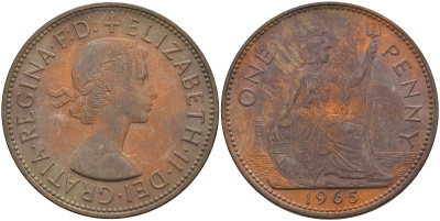 Великобритания 1 пенни 1965 Елизавета II (1952-2022) КМ 897, Spink 4157 бронза 4593-243