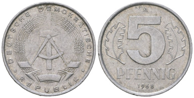 ГДР 5 пфеннигов 1968 A KM 9.1 алюминий 188-423