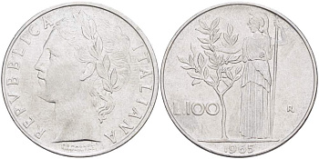 ИТАЛИЯ 100 ЛИР 1965 R, АФИНА KM 96.1 нержавеющая сталь 4526-316