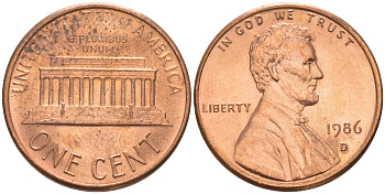 США 1 ЦЕНТ 1986 D ЛИНКОЛЬН KM 201b цинк плакированный медью UNC 188-234