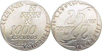 Португалия 1000 эскудо 1999 25 лет Апрельской революции KM 715 серебро 3896-1542