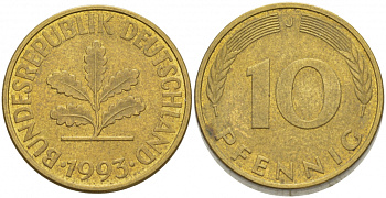 ФРГ 10 ПФЕННИГОВ 1993 J KM 108, J.383 сталь плакированная латунью 3718-845