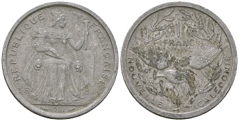 Французская Новая Каледония 1 франк 1981 птица кагу, (IEOM) KM 10, Schoen 10, Lec 44 алюминий    51-1123