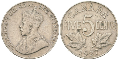 Канада 5 центов 1927 Георг V (1910-1936) KM 29 никель 110-1025