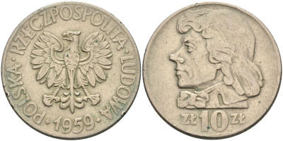Польша 10 злотых 1959 MW, Тадеуш Костюшко, первый год KM 50 медно-никель    4149-134