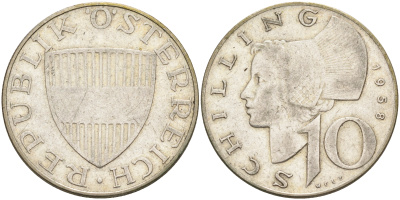 Австрия 10 шиллингов 1958 KM 2882 серебро 63-915