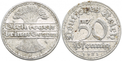 ГЕРМАНИЯ 50 ПФЕННИГОВ 1921 D KM 27, J. 301 алюминий 4539-743