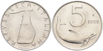 Италия 5 лир 1998 R, дельфин KM 92 алюминий  UNC  4594-925