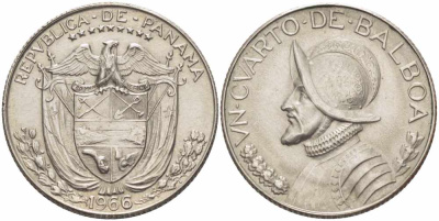 Панама 1/4 бальбоа 1966 Васко Нуньес де Бальбоа KM 11а медь плакированная медно-никелем 108-1033