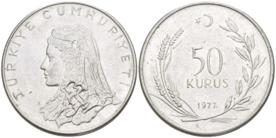 Турция 50 курушей 1977 Анатолийская невеста KM 899 нержавеющая сталь 4513-137