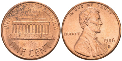 США 1 ЦЕНТ 1986 D ЛИНКОЛЬН KM 201b цинк плакированный медью UNC 188-234