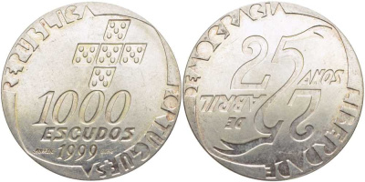 Португалия 1000 эскудо 1999 25 лет Апрельской революции KM 715 серебро 3896-1542