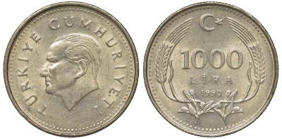 Турция 1000 лир 1990 Кемаль Ататюрк KM 997 медь цинк никель 62-1233
