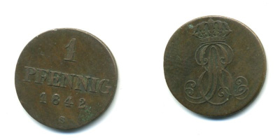 Ганновер 1 пфенниг 1842 S, Эрнст Август (1837-1851) KM 173.3, AKS 128, J. 54 медь 35-136