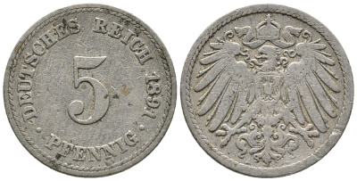 ГЕРМАНИЯ 5 ПФЕННИГОВ 1891 A KM 11, J. 12 медно-никель 39-642