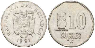 Эквадор 10 сукре 1991 KM 92 сталь плакированная никелем 4511-821