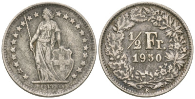 Швейцария 1/2 франка 1950 B KM 23 серебро 4615-1013