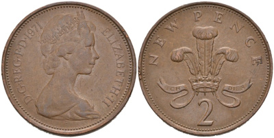 Великобритания 2 пенса 1971 Елизавета II (1952-2022) KM 916, Spink 4235 (C1) бронза 4571-154