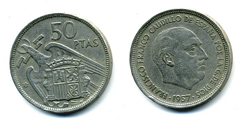 ИСПАНИЯ 50 ПЕСЕТ 1959 1957 ГОД ФРАНЦИСКО ФРАНКО KM 788 медно-никель 41-1152