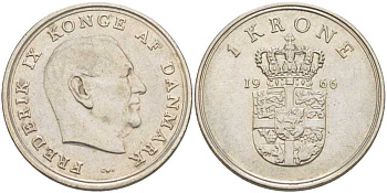 ДАНИЯ 1 КРОНА 1966 C;S, ФРЕДЕРИК IX (1947-1972) KM 851.1 медно-никель 202-814