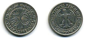 Германия 50 рейхспфеннигов 1928 A KM 49, J.324 никель 58-357