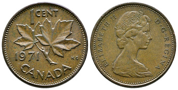 Канада 1 цент 1971 Елизавета II (1952-2022), кленовый лист KM 59.1 бронза 46-1452
