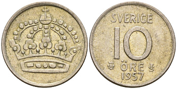 Швеция 10 эре 1957 Густав VI Адольф (1950-1973) KM 823 серебро 4585-348