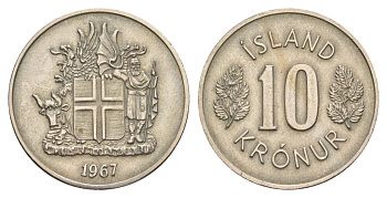 Исландия 10 крон 1967 KM 15 медно-никель 4635-134