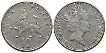 Великобритания 10 пенсов 1992 Елизавета II (1952-2022) KM 938b, Spink 4367 (F4) медно-никель 4179-921