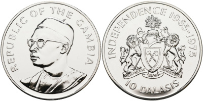 Гамбия 10 даласи 1975 10 лет независимости, тираж 50000 экз. KM 16 серебро UNC 1098-2-33