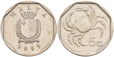 Мальта 5 центов 1993 краб KM 95 медно-никель 4588-123