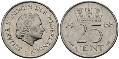 НИДЕРЛАНДЫ 25 ЦЕНТОВ 1968 ЮЛИАНА KM 183 никель 96-212