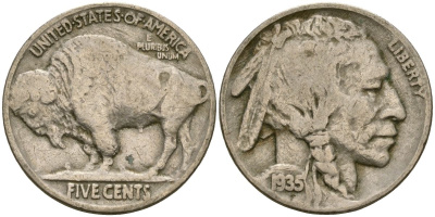 США 5 центов 1935 индеец, бизон KM 134 медно-никель 4525-1056