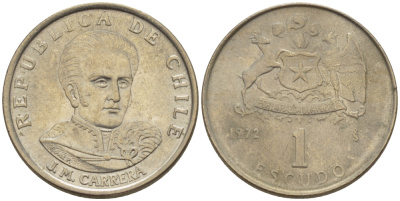 Чили 1 эскудо 1972 Хосе Мигель Каррера KM 197 медно-никель 4388-942