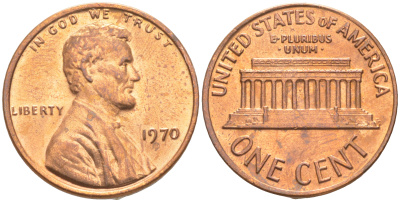 США 1 ЦЕНТ 1970 KM 201 ЛИНКОЛЬН медь цинк UNC 187-617