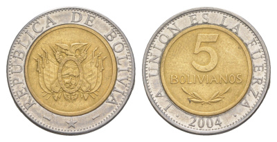 Боливия 5 боливиано 2004 KM 212 биметалл 4638-316