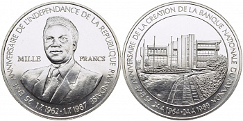 Руанда 1000 франков 1989 25 лет Национальному банку и 25 лет Независимости KM 17 серебро UNC 1071-9-13