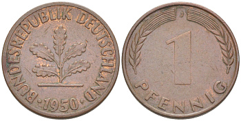 ФРГ 1 ПФЕННИГ 1950 J KM 105, J. 380 сталь плакированная медью 4181-534