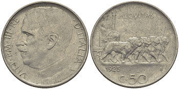 ИТАЛИЯ 50 ЧЕНТЕЗИМО 1925 R, ВИКТОР ИМАНУИЛ III, РУБЧАТЫЙ ГУРТ KM 61.2 никель 28-122