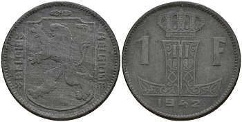Бельгия 1 франк 1942 Belgique - Belgie, Леопольд III (1934-1947), германская оккупация, Вторая мировая война KM 127 цинк 4161-453