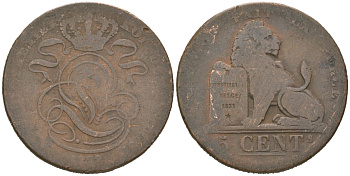 Бельгия 5 сантимов 1833? Леопольд I (1831-1865) KM 5.1 медь 113-1026
