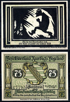 Ауэрбах-им-Фогтланд (Саксония) 75 пфеннигов 1921 Mehl Grabowski 53.1a-4.1 бумага UNC (пресс) 7556-41-1-2