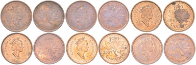 Канада полный набор выпуска из 6 монет (1 цент) 1997-2003 Елизавета II, кленовый лист KM 289 бронза 4614-131-136