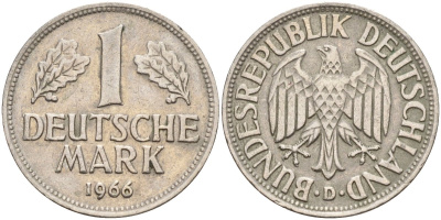ФРГ 1 марка 1966 D KM 110, J. 385 медно-никель 4177-1113