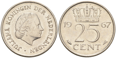Нидерланды 25 центов 1967 Юлиана (1949-1980) KM 183 никель    4174-653