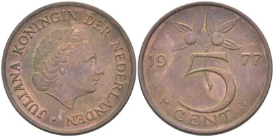 Нидерланды 5 центов 1977 Юлиана (1948-1980) KM 181 бронза 213-1144
