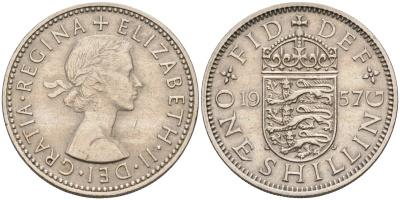 Великобритания 1 шиллинг 1957 Елизавета II (1952-2022), Английский герб KM 904, Spink 4147 медно-никель    4150-531
