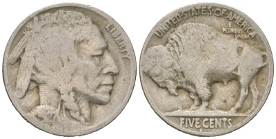 США 5 центов 1927 D, индеец, бизон KM 134 медно-никель 4614-1129